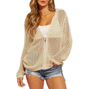 Saodimallsu Womens Crochet Lightweight Cardigans Zip Up Hooded Long Sleeve Knit Sweaters Mesh Beach Swim Cover Up(Apricot)