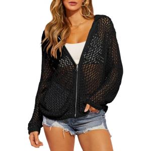 Saodimallsu Womens Crochet Lightweight Cardigans Zip Up Hooded Long Sleeve Knit Sweaters Mesh Beach Swim Cover Up(Black)