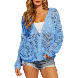 Saodimallsu Womens Crochet Lightweight Cardigans Zip Up Hooded Long Sleeve Knit Sweaters Mesh Beach Swim Cover Up(Blue)