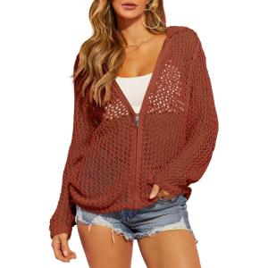 Saodimallsu Womens Crochet Lightweight Cardigans Zip Up Hooded Long Sleeve Knit Sweaters Mesh Beach Swim Cover Up(Brick Red)