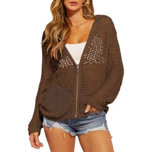 Saodimallsu Womens Crochet Lightweight Cardigans Zip Up Hooded Long Sleeve Knit Sweaters Mesh Beach Swim Cover Up(Coffee)