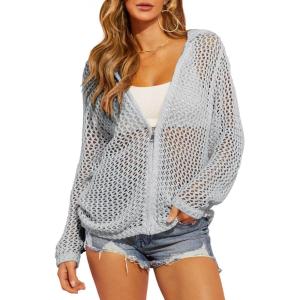 Saodimallsu Womens Crochet Lightweight Cardigans Zip Up Hooded Long Sleeve Knit Sweaters Mesh Beach Swim Cover Up(Grey)