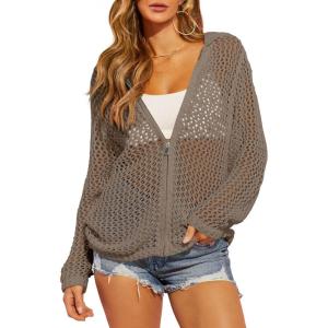 Saodimallsu Womens Crochet Lightweight Cardigans Zip Up Hooded Long Sleeve Knit Sweaters Mesh Beach Swim Cover Up(Khaki)