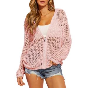 Saodimallsu Womens Crochet Lightweight Cardigans Zip Up Hooded Long Sleeve Knit Sweaters Mesh Beach Swim Cover Up(Light Pink)