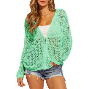 Saodimallsu Womens Crochet Lightweight Cardigans Zip Up Hooded Long Sleeve Knit Sweaters Mesh Beach Swim Cover Up(Mint Green)