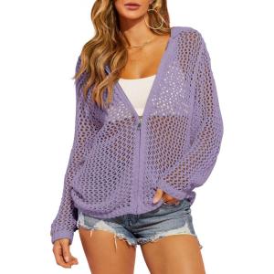 Saodimallsu Womens Crochet Lightweight Cardigans Zip Up Hooded Long Sleeve Knit Sweaters Mesh Beach Swim Cover Up(Purple)