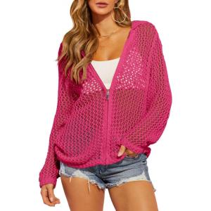 Saodimallsu Womens Crochet Lightweight Cardigans Zip Up Hooded Long Sleeve Knit Sweaters Mesh Beach Swim Cover Up(Rose)