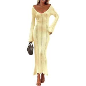 Saodimallsu Womens Crochet Maxi Dress Bell Long Sleeve Sexy V Neck Bodycon Backless Knit Dresses Beach Swim Cover Up(Beige)