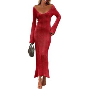 Saodimallsu Womens Crochet Maxi Dress Bell Long Sleeve Sexy V Neck Bodycon Backless Knit Dresses Beach Swim Cover Up(Red)