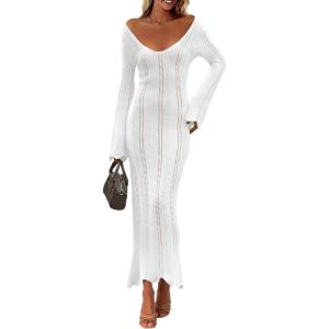 Saodimallsu Womens Crochet Maxi Dress Bell Long Sleeve Sexy V Neck Bodycon Backless Knit Dresses Beach Swim Cover Up(White)