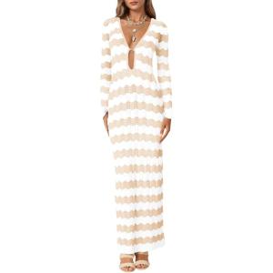 Saodimallsu Womens Crochet Summer Maxi Dress Striped Sexy Cut Out V Neck Long Sleeve Knit Cover Up Beach Dresses(Beige)