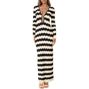 Saodimallsu Womens Crochet Summer Maxi Dress Striped Sexy Cut Out V Neck Long Sleeve Knit Cover Up Beach Dresses(Black)