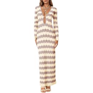 Saodimallsu Womens Crochet Summer Maxi Dress Striped Sexy Cut Out V Neck Long Sleeve Knit Cover Up Beach Dresses(Khaki)