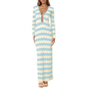Saodimallsu Womens Crochet Summer Maxi Dress Striped Sexy Cut Out V Neck Long Sleeve Knit Cover Up Beach Dresses(Light Blue)