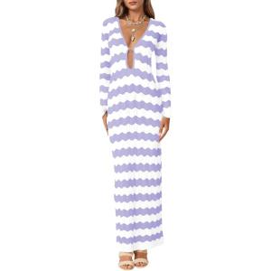 Saodimallsu Womens Crochet Summer Maxi Dress Striped Sexy Cut Out V Neck Long Sleeve Knit Cover Up Beach Dresses(Light Purple)