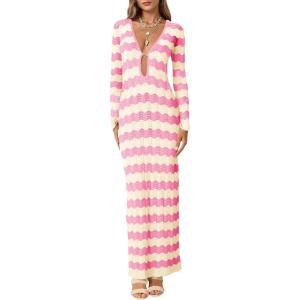 Saodimallsu Womens Crochet Summer Maxi Dress Striped Sexy Cut Out V Neck Long Sleeve Knit Cover Up Beach Dresses(Pink)