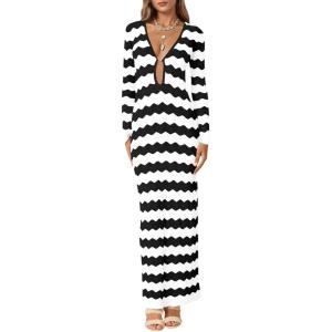 Saodimallsu Womens Crochet Summer Maxi Dress Striped Sexy Cut Out V Neck Long Sleeve Knit Cover Up Beach Dresses(White)