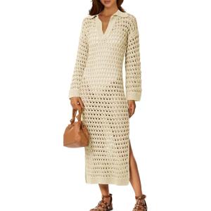 Saodimallsu Womens Crochet Swimsuit Cover Up V Neck Collared Long Sleeve Mesh Knit Long Beach Coverup Maxi Dress(Apricot)