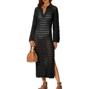 Saodimallsu Womens Crochet Swimsuit Cover Up V Neck Collared Long Sleeve Mesh Knit Long Beach Coverup Maxi Dress(Black)