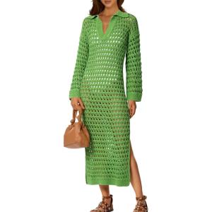 Saodimallsu Womens Crochet Swimsuit Cover Up V Neck Collared Long Sleeve Mesh Knit Long Beach Coverup Maxi Dress(Green)