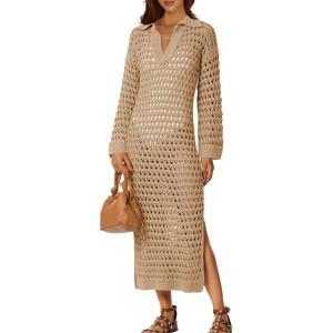 Saodimallsu Womens Crochet Swimsuit Cover Up V Neck Collared Long Sleeve Mesh Knit Long Beach Coverup Maxi Dress(Khaki)