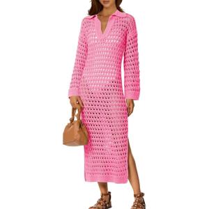 Saodimallsu Womens Crochet Swimsuit Cover Up V Neck Collared Long Sleeve Mesh Knit Long Beach Coverup Maxi Dress(Pink)