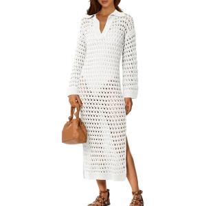 Saodimallsu Womens Crochet Swimsuit Cover Up V Neck Collared Long Sleeve Mesh Knit Long Beach Coverup Maxi Dress(White)