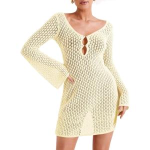 Saodimallsu Womens Crochet Swimsuit Coverup Summer Sexy V Neck Long Bell Sleeve Mesh Knit Bikini Cover Ups Beach Dresses(Beige)