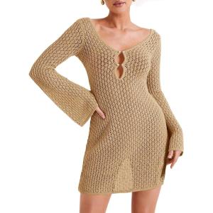 Saodimallsu Womens Crochet Swimsuit Coverup Summer Sexy V Neck Long Bell Sleeve Mesh Knit Bikini Cover Ups Beach Dresses(Khaki)
