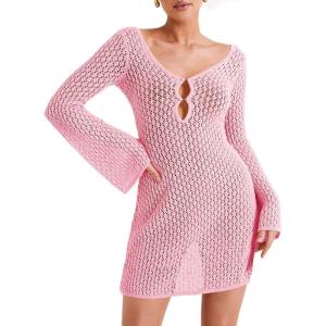 Saodimallsu Womens Crochet Swimsuit Coverup Summer Sexy V Neck Long Bell Sleeve Mesh Knit Bikini Cover Ups Beach Dresses(Pink)