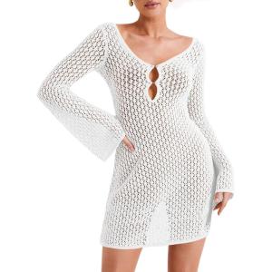 Saodimallsu Womens Crochet Swimsuit Coverup Summer Sexy V Neck Long Bell Sleeve Mesh Knit Bikini Cover Ups Beach Dresses(White)
