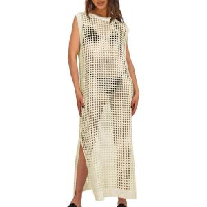 Saodimallsu Womens Crochet Swimsuit Coverup Summer Sleeveless Hollow Out Knit Crewneck Side Split Long Beach Dress(Beige)
