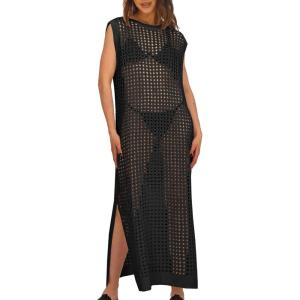 Saodimallsu Womens Crochet Swimsuit Coverup Summer Sleeveless Hollow Out Knit Crewneck Side Split Long Beach Dress(Black)