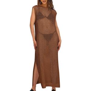 Saodimallsu Womens Crochet Swimsuit Coverup Summer Sleeveless Hollow Out Knit Crewneck Side Split Long Beach Dress(Coffee)
