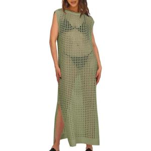Saodimallsu Womens Crochet Swimsuit Coverup Summer Sleeveless Hollow Out Knit Crewneck Side Split Long Beach Dress(Green)