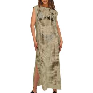 Saodimallsu Womens Crochet Swimsuit Coverup Summer Sleeveless Hollow Out Knit Crewneck Side Split Long Beach Dress(Khaki)