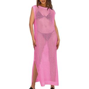 Saodimallsu Womens Crochet Swimsuit Coverup Summer Sleeveless Hollow Out Knit Crewneck Side Split Long Beach Dress(Light Pink)