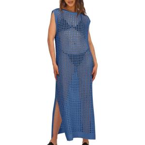 Saodimallsu Womens Crochet Swimsuit Coverup Summer Sleeveless Hollow Out Knit Crewneck Side Split Long Beach Dress(Navy)