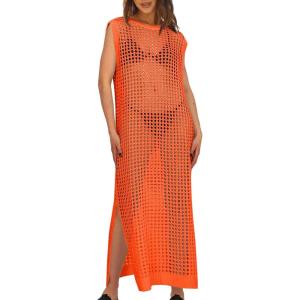Saodimallsu Womens Crochet Swimsuit Coverup Summer Sleeveless Hollow Out Knit Crewneck Side Split Long Beach Dress(Orange)