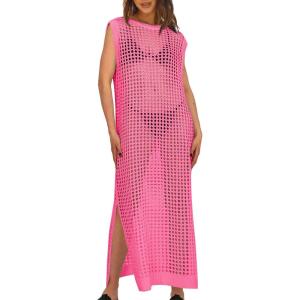 Saodimallsu Womens Crochet Swimsuit Coverup Summer Sleeveless Hollow Out Knit Crewneck Side Split Long Beach Dress(Pink)
