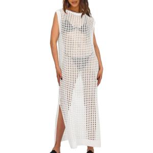 Saodimallsu Womens Crochet Swimsuit Coverup Summer Sleeveless Hollow Out Knit Crewneck Side Split Long Beach Dress(White)