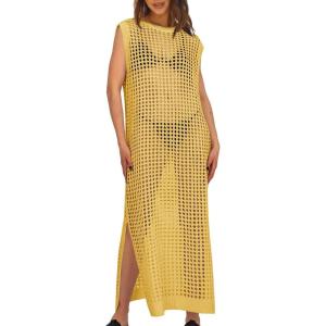 Saodimallsu Womens Crochet Swimsuit Coverup Summer Sleeveless Hollow Out Knit Crewneck Side Split Long Beach Dress(Yellow)