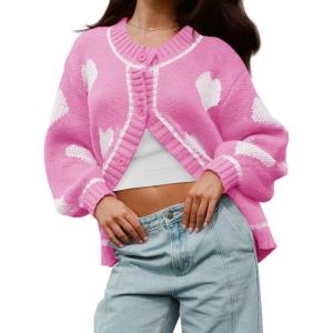 Saodimallsu Womens Cute Heart Cardigan Sweaters Chunky Knit Button Down Crewneck Long Sleeve Sweater Coat(Bright Pink)