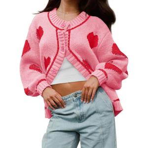 Saodimallsu Womens Cute Heart Cardigan Sweaters Chunky Knit Button Down Crewneck Long Sleeve Sweater Coat(Pink)