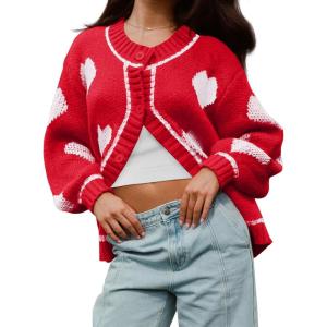 Saodimallsu Womens Cute Heart Cardigan Sweaters Chunky Knit Button Down Crewneck Long Sleeve Sweater Coat(Red)