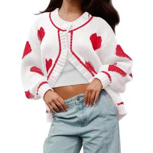 Saodimallsu Womens Cute Heart Cardigan Sweaters Chunky Knit Button Down Crewneck Long Sleeve Sweater Coat(White)