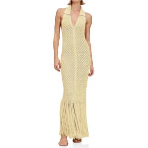 Saodimallsu Womens Halter Crochet Cover Up Fringe Sexy Backless Sleeveless V Neck Collared Vacation Beach Maxi Dress(Beige)