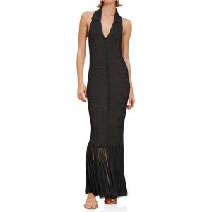 Saodimallsu Womens Halter Crochet Cover Up Fringe Sexy Backless Sleeveless V Neck Collared Vacation Beach Maxi Dress(Black)