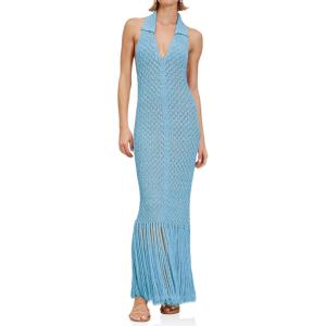 Saodimallsu Womens Halter Crochet Cover Up Fringe Sexy Backless Sleeveless V Neck Collared Vacation Beach Maxi Dress(Blue)