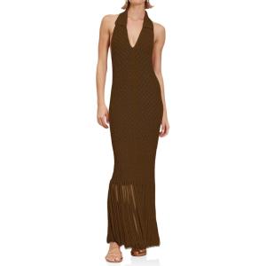 Saodimallsu Womens Halter Crochet Cover Up Fringe Sexy Backless Sleeveless V Neck Collared Vacation Beach Maxi Dress(Brown)